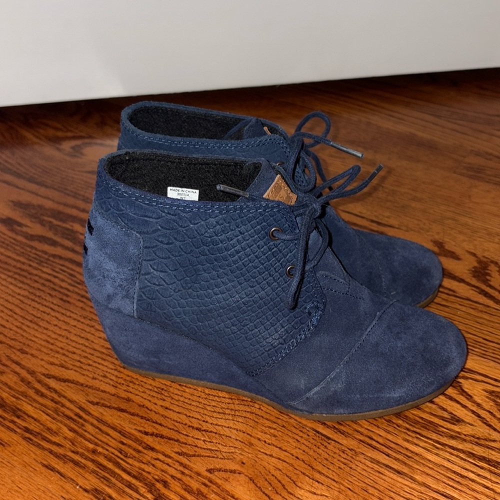 Tom’s Blue Suede Wedge Booties